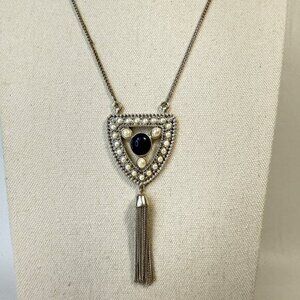 Lucky Brand Blue Bead Shield & Tassel Pendant Faux Pearl Silver Tone